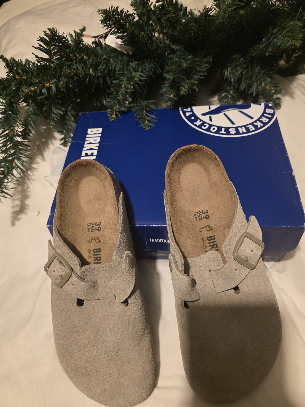 Birkenstock Suede Clogs in Light Gray Taupe